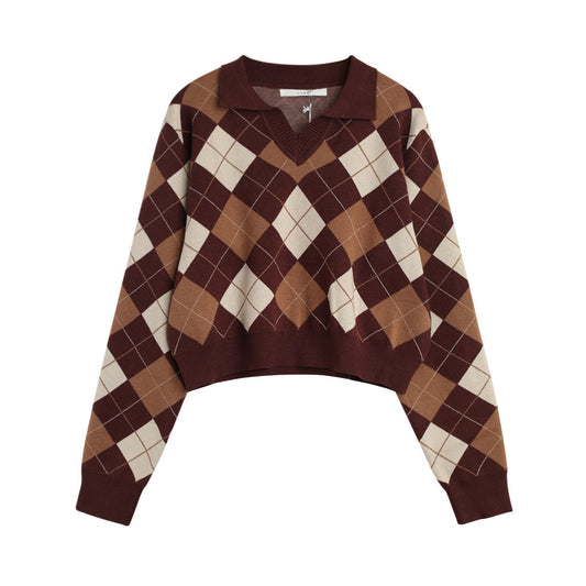 Fashionable All-match Diamond Colorblock Knitted Top Coffee