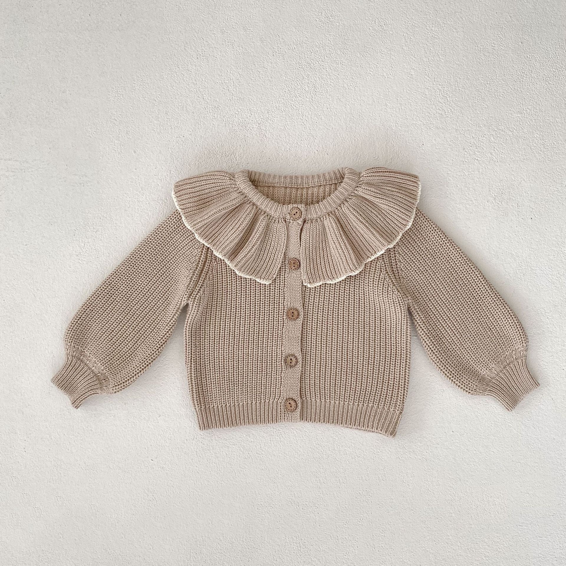 Baby Girl Ruffled Bow Tie Knitted Coat Small Cardigan Sweater Light Camel