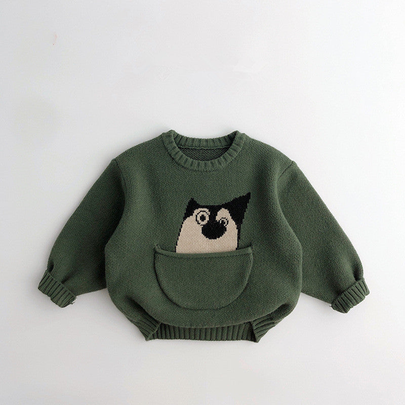 Kids' Sweater Pocket Autumn And Winter Men's And Women's Fashionable Cartoon Pullover Sweater Loose Forest Green