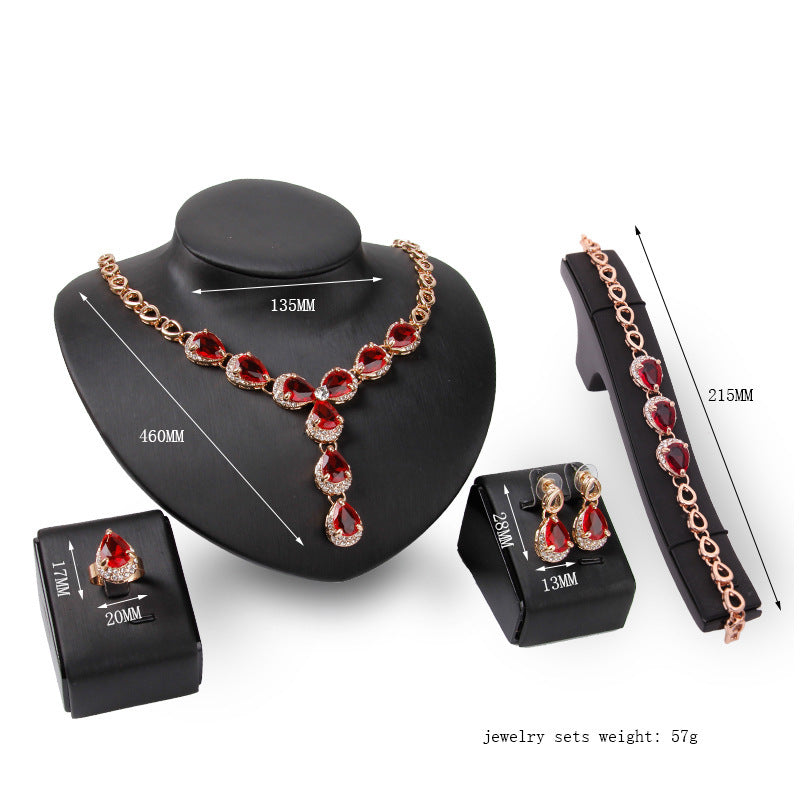 Charming Red Gemstone Jewelry Four-piece Set European And American Wedding Accessories