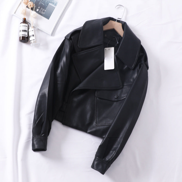 Loose cropped leather jacket motorcycle jacket Black