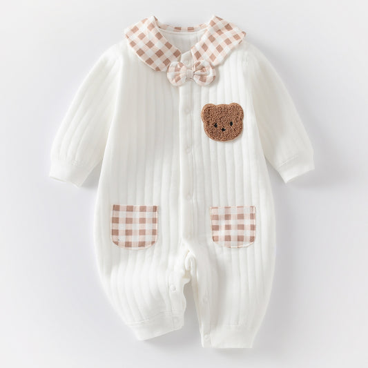 Newborn Jumpsuit Baby Boy And Girl Rompers Bear Bow Tie Warm Jumpsuit