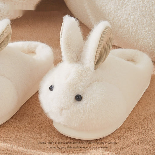 Cute Rabbit Plush Cotton Slippers For Women's Home Use Rice White