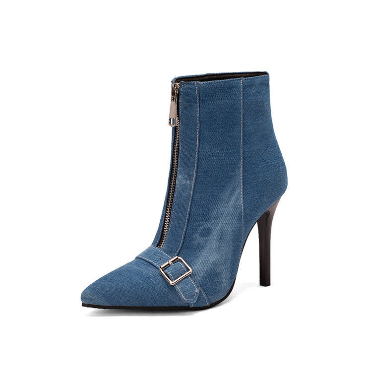 Belt Buckle Front Zipper High Heel Boots Blue