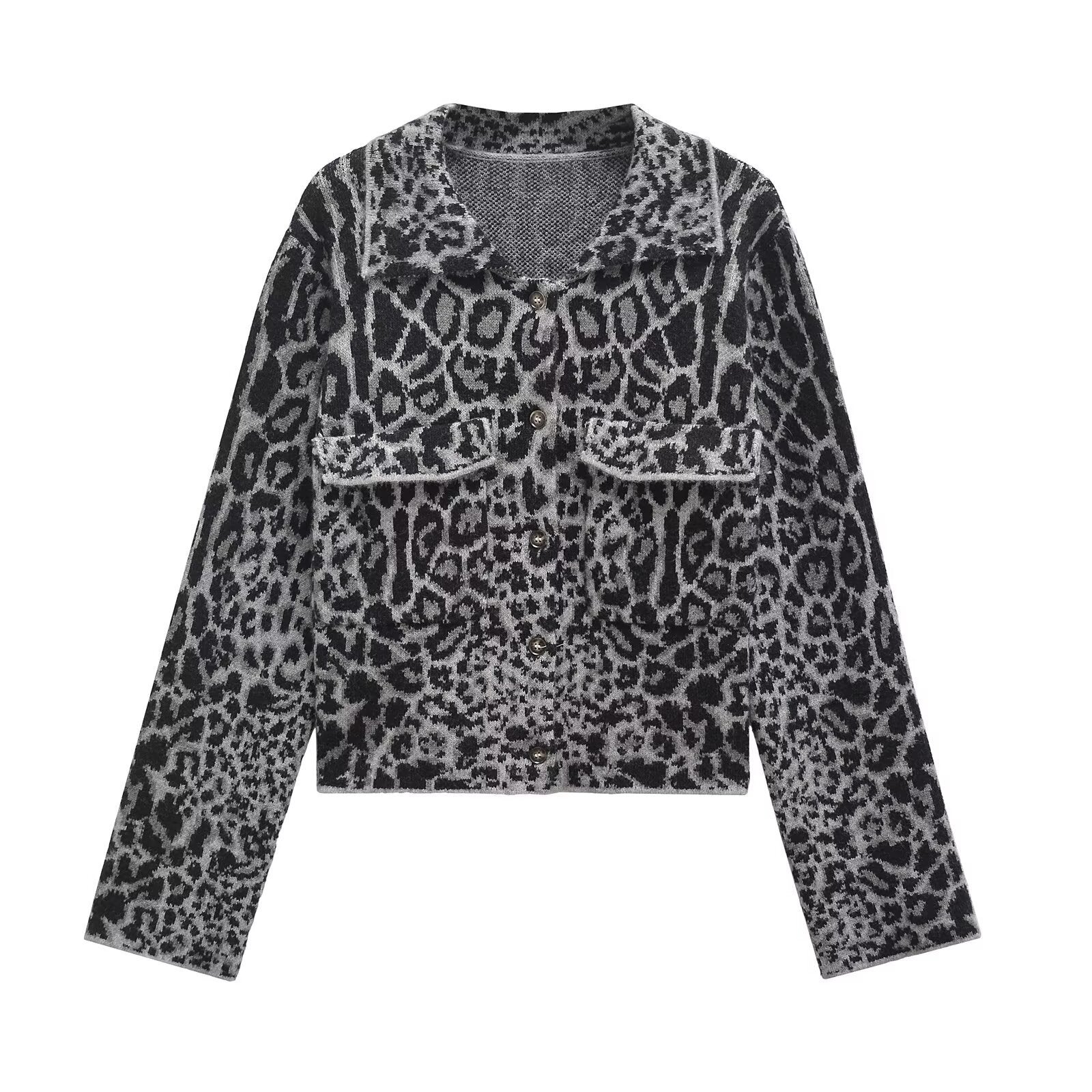 Women's Animal Jacquard Long Sleeve Knitted Coat Gray