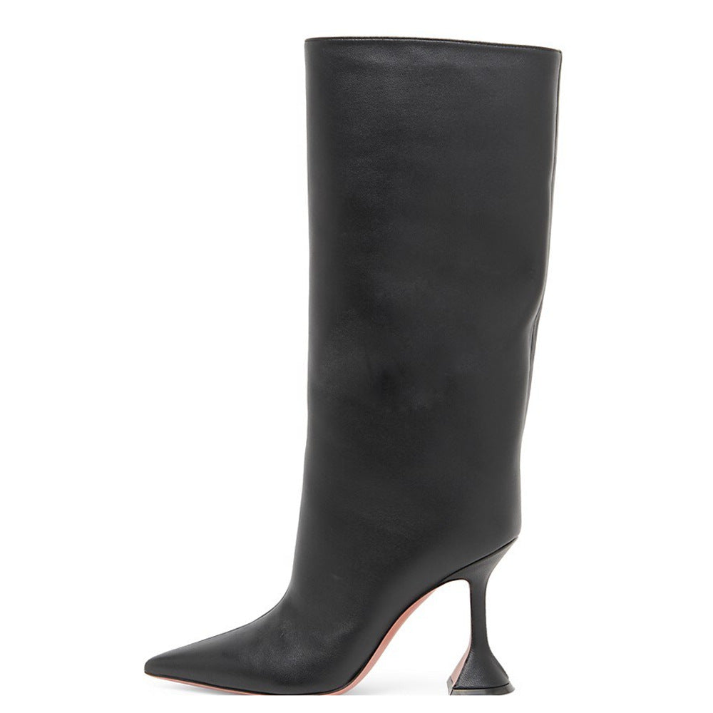 Simple Pointed Wine Cup Heel High Leg Boot Black