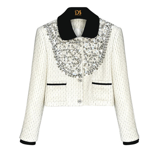 Women's White Exquisite Rhinestone Short Chanel Coat