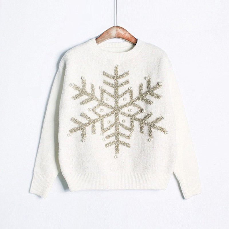 Snowflake sequin beaded sweater White