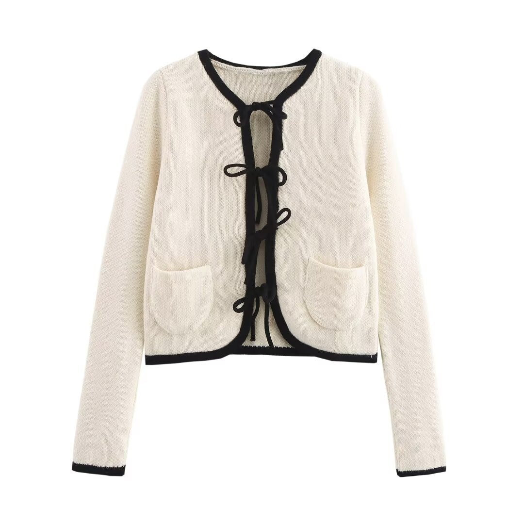 Street Fashion Long Sleeve Contrast Color Lace-up Cardigan Sweater Picture Color