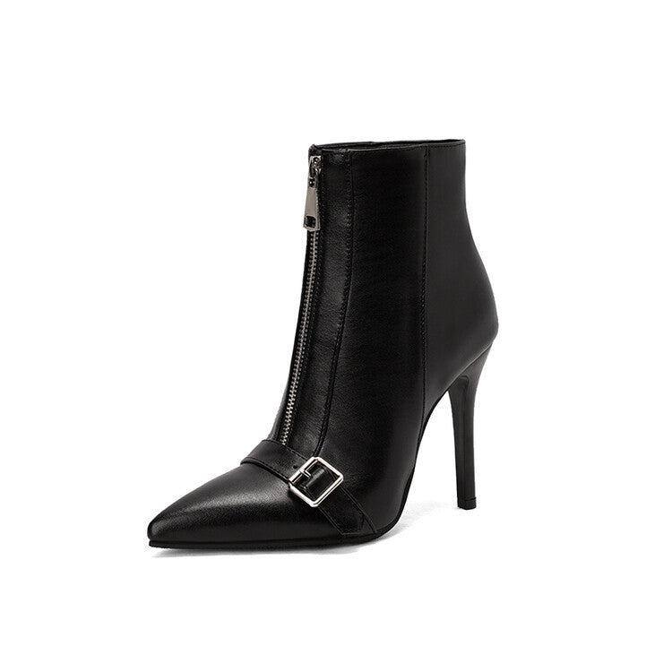 Belt Buckle Front Zipper High Heel Boots Black