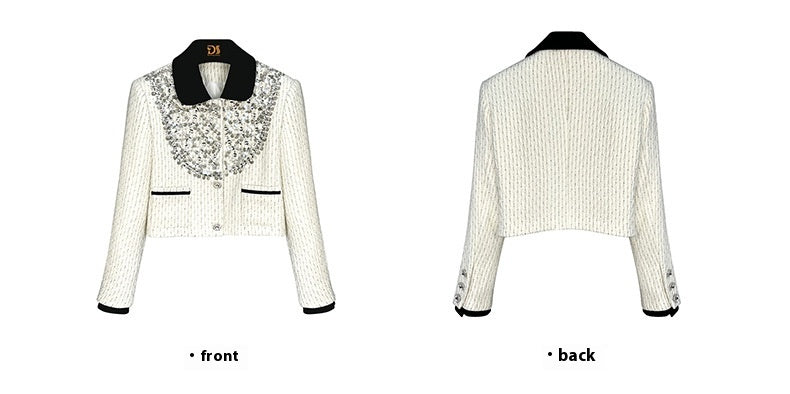 Women's White Exquisite Rhinestone Short Chanel Coat