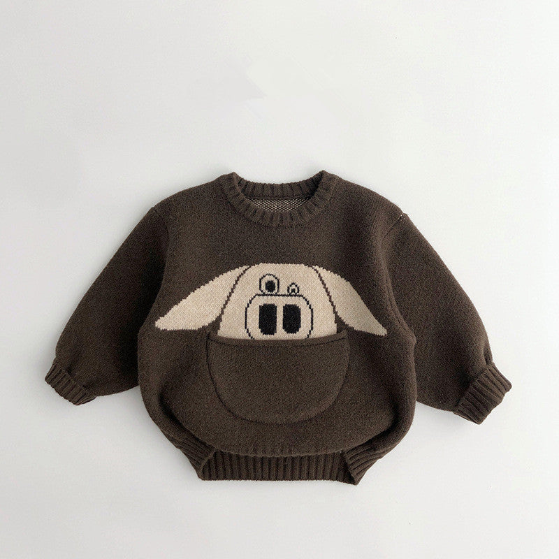 Kids' Sweater Pocket Autumn And Winter Men's And Women's Fashionable Cartoon Pullover Sweater Loose Deep Coffee