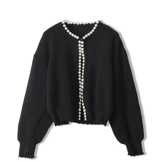 Spring New Classic Style Loose Round Neck Pearl Trim Knitted Short Long-sleeve Cardigan Sweater Women Wholesale