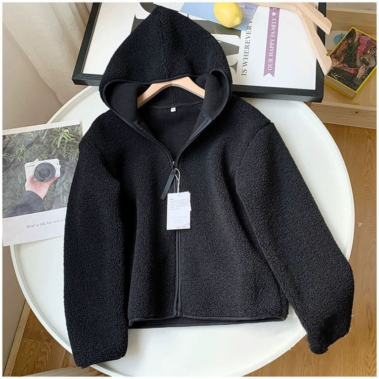 Autumn And Winter Faux Cashmere Polar Fleece Zipper Hooded Long Sleeve