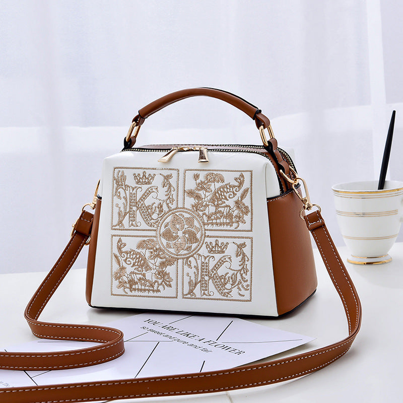 Women's Shoulder Bag Cross-body Embroidery White And Brown