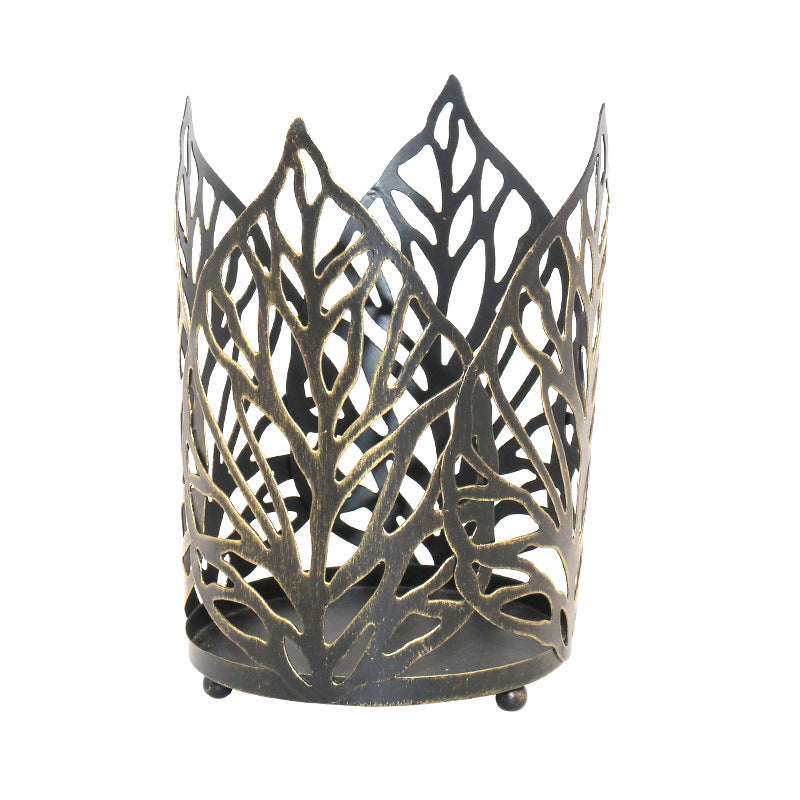 Nordic Wrought Iron Gold Old Hollow Leaf Candle Holder Home Decoration Candle Holder Black