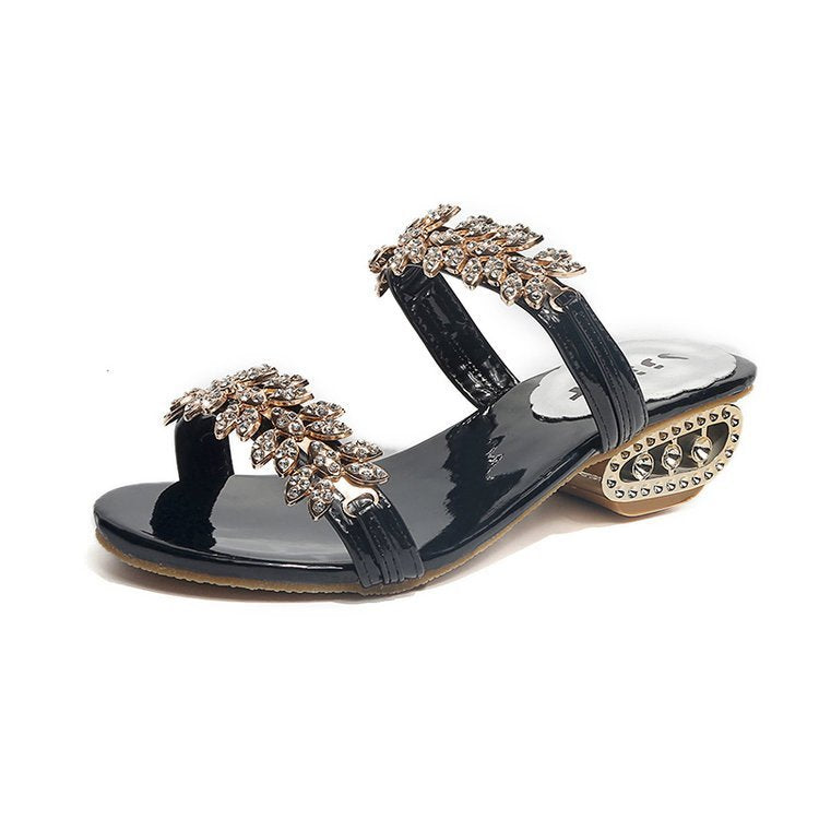 Mid Heel Rhinestone Sandals Black