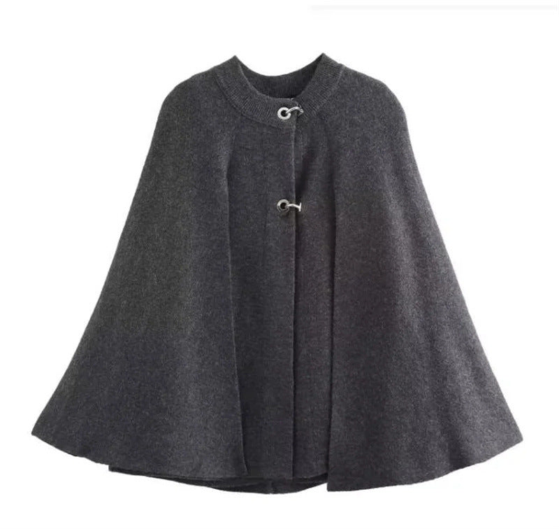 Gray Round-collar Cape Design Knitted Coat For Women