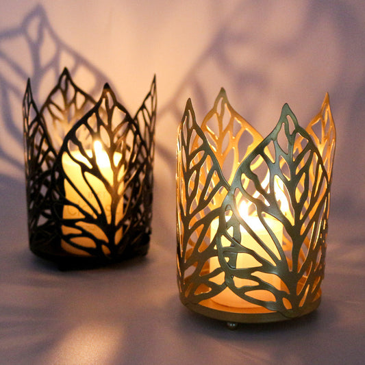 Nordic Wrought Iron Gold Old Hollow Leaf Candle Holder Home Decoration Candle Holder