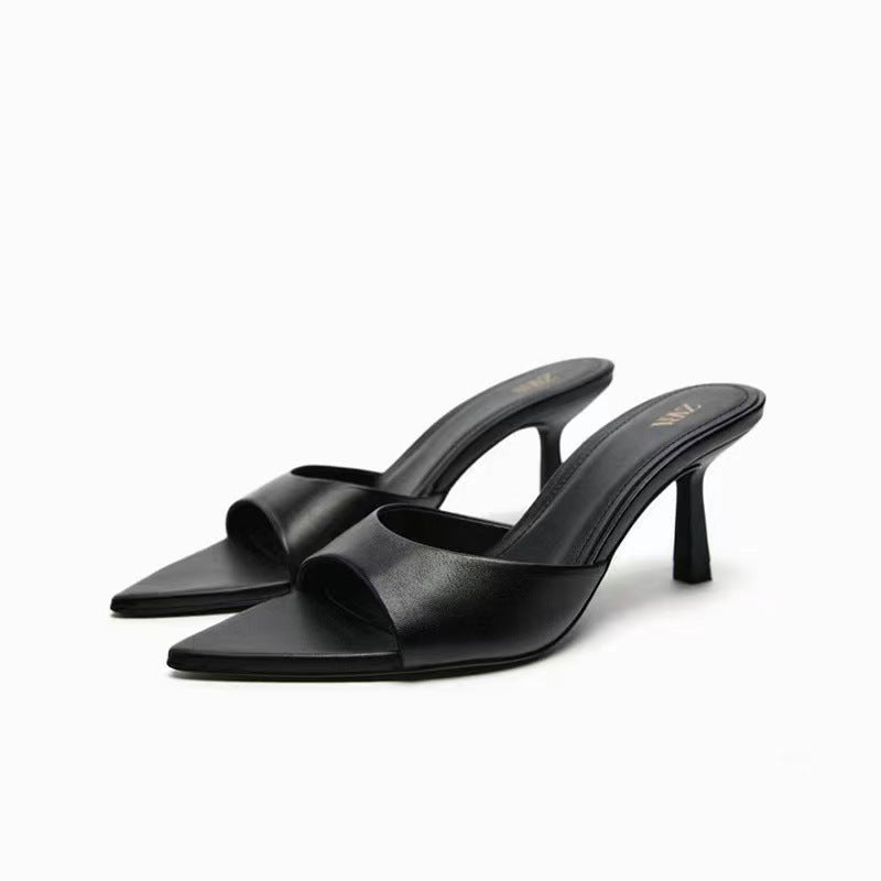 Summer New Leather Metal High Heels Black