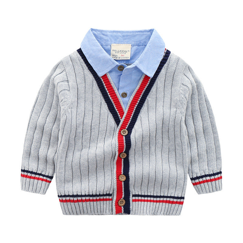 Baby fake two-piece sweater boy knitting Grey