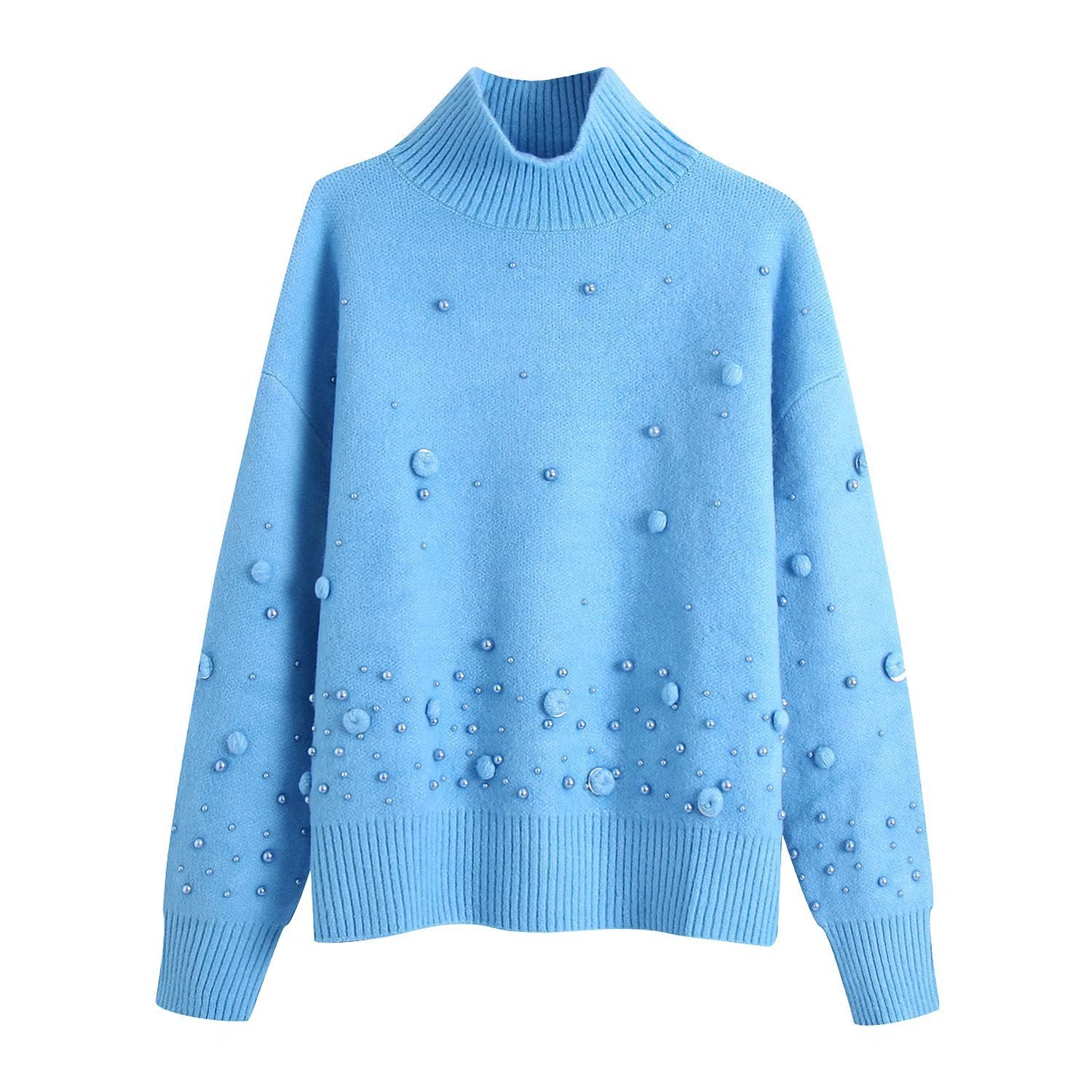 Fashion Sequined Knit Sweater Loose Long Sleeve Sweater Blue