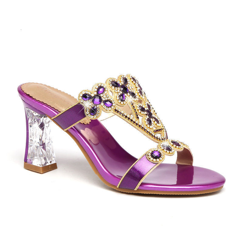 High-heeled Rhinestone Sandals Fashion Block-heeled Diamond Flower Sandals Purple Heel height 8cm