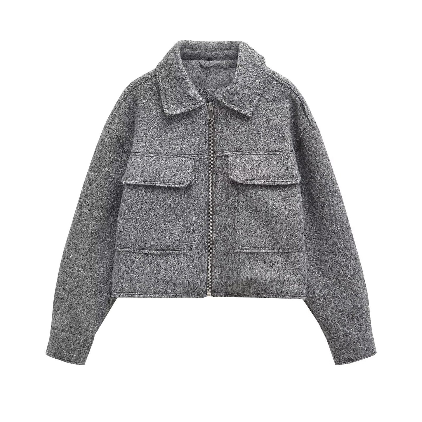 Women's Fashion Polo Collar Pocket Long-sleeved Coat Gray