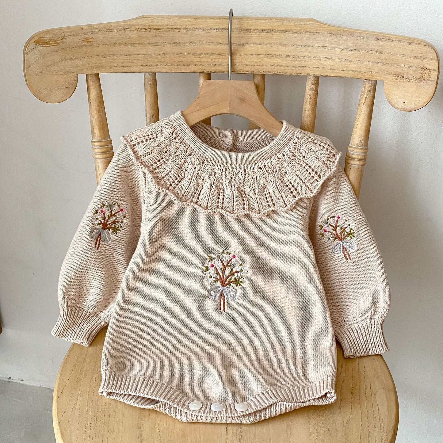 Baby Knitted Lotus Collar Long-sleeve Jumpsuit Baby Girl