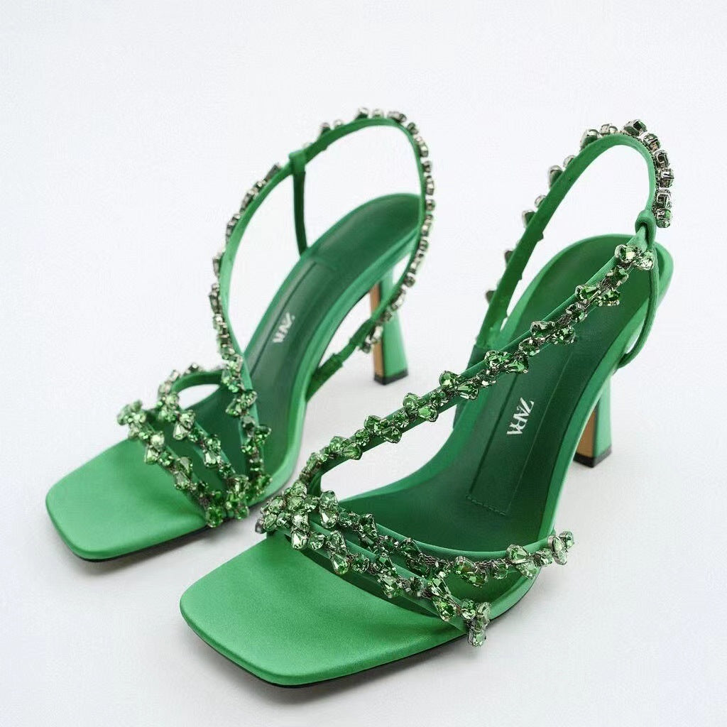 High Heel Stiletto Round Head Satin Solid Color Rhinestone Shiny Ornament Green