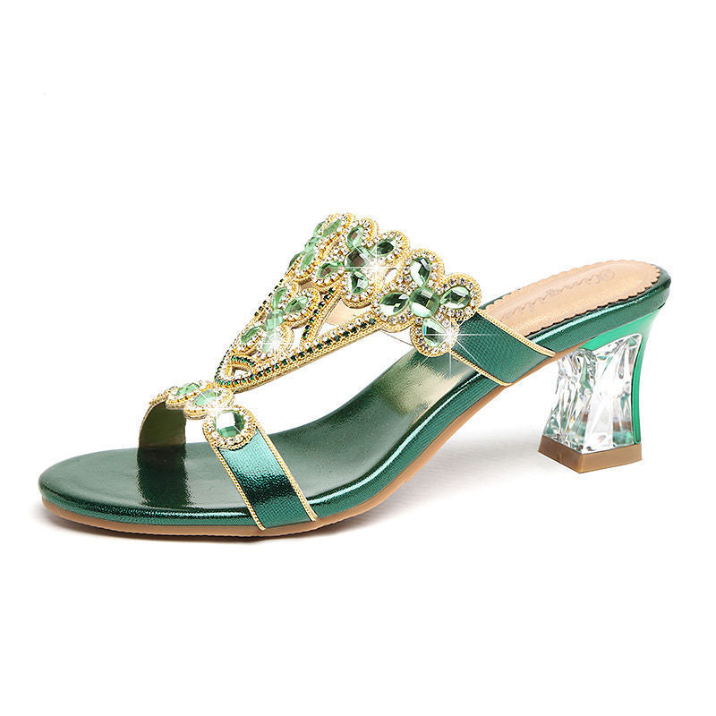 High-heeled Rhinestone Sandals Fashion Block-heeled Diamond Flower Sandals Green Heel height 5.5cm