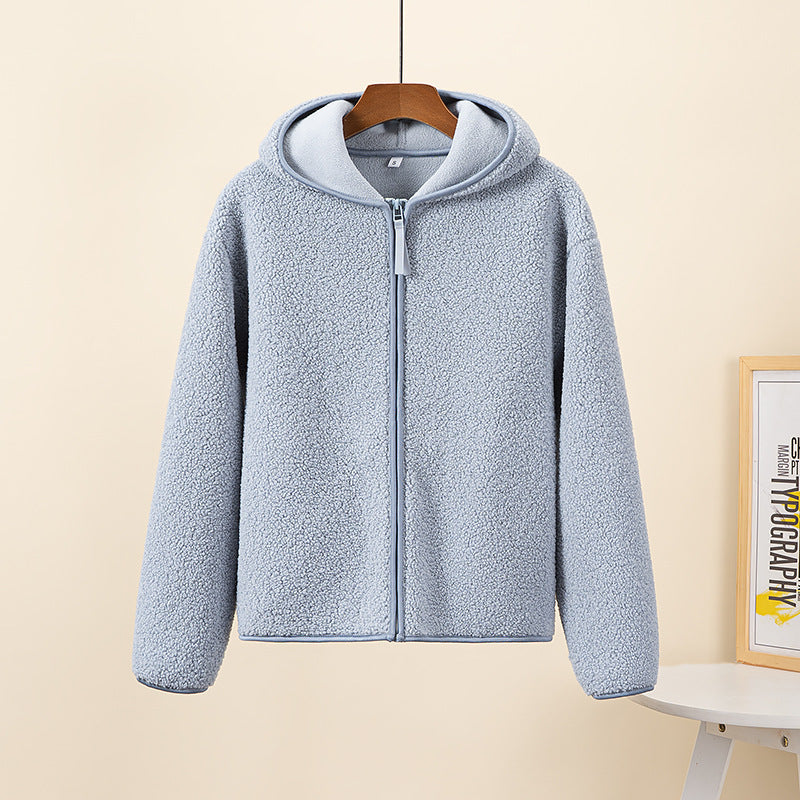 Autumn And Winter Faux Cashmere Polar Fleece Zipper Hooded Long Sleeve Light Blue