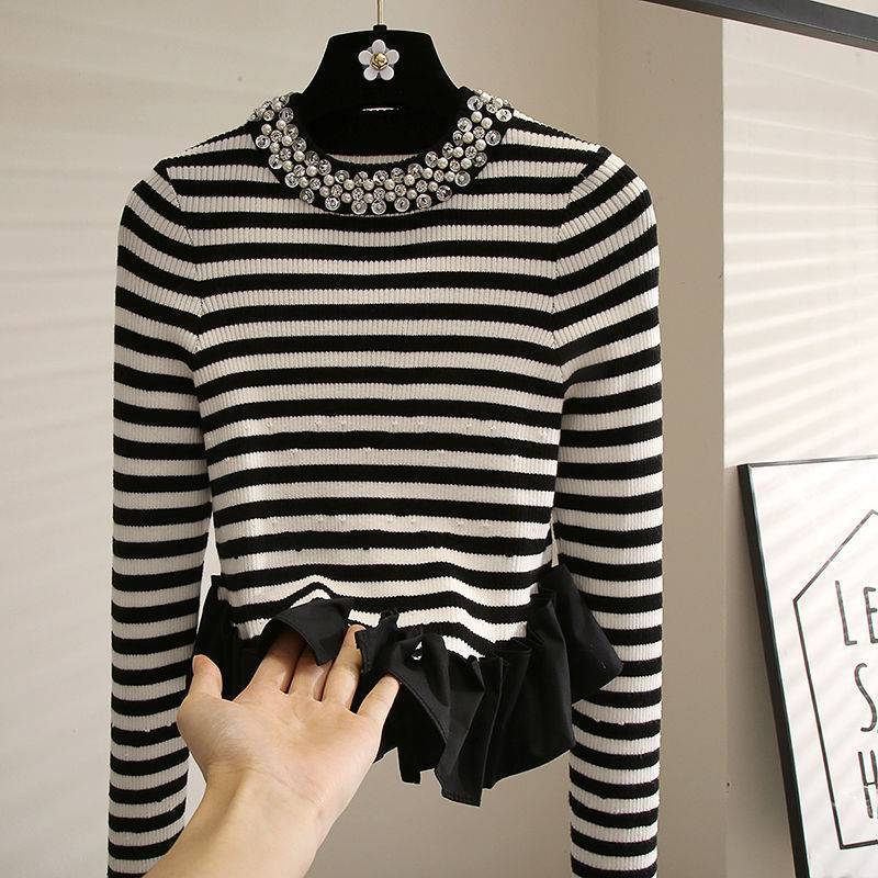 Beaded Design Sense Lace Stitching Black Temperament Sweater Top For Women Black white