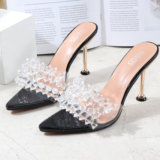 Summer Pointed High Heels Solid Color High Heels Rhinestone Sandals Black