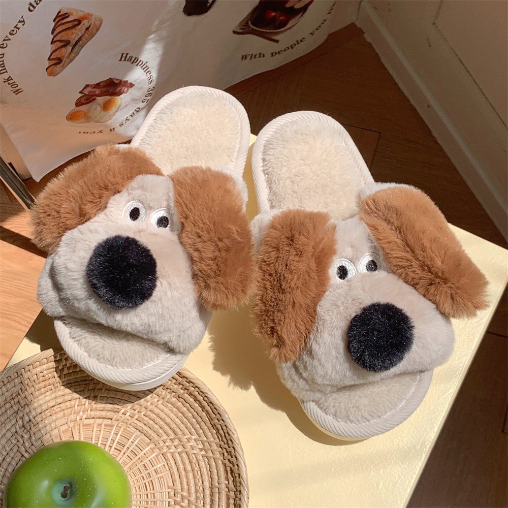 Thermal Soft Soled Confinement Shoes Women's Autumn And Winter Three-dimensional Puppy Fluffy Cotton Slippers Khaki