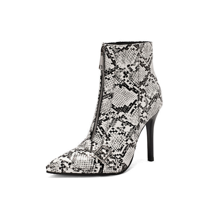 Belt Buckle Front Zipper High Heel Boots Serpentine