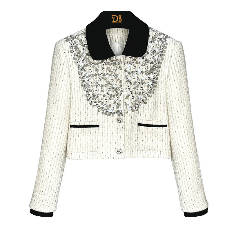 Women's White Exquisite Rhinestone Short Chanel Coat White