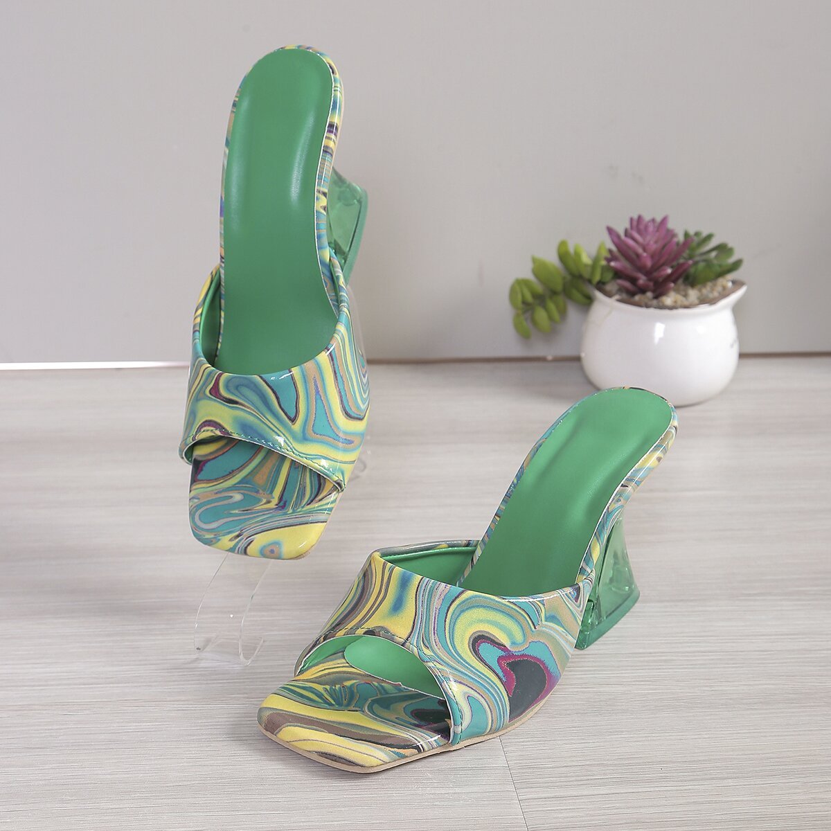 Profiled Heel High Heel Color Fashion Square Toe Large Size Women's High Heels Green