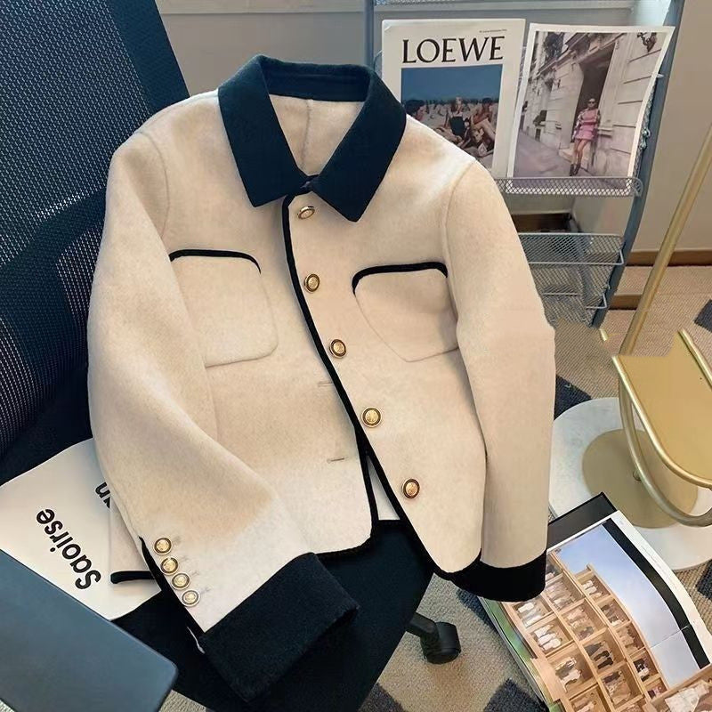 Gray Woolen Thick Coat Women's Elegant Jacket White