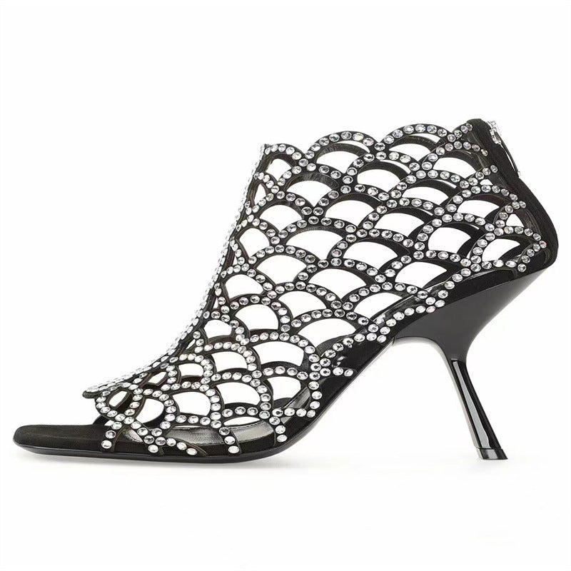 Women's Peep Toe Rhinestone Hollow High Heels Black