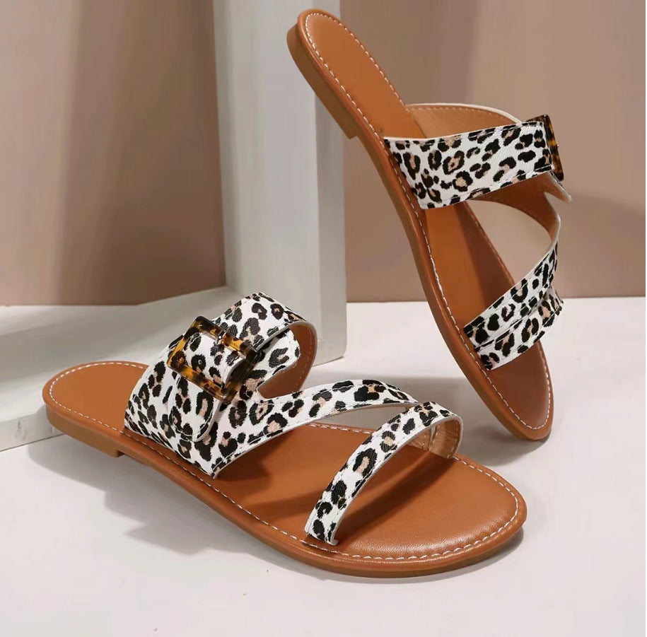 Leopard Print Slippers Summer Flat Sandals For Women Beach Shoes Brown leopard