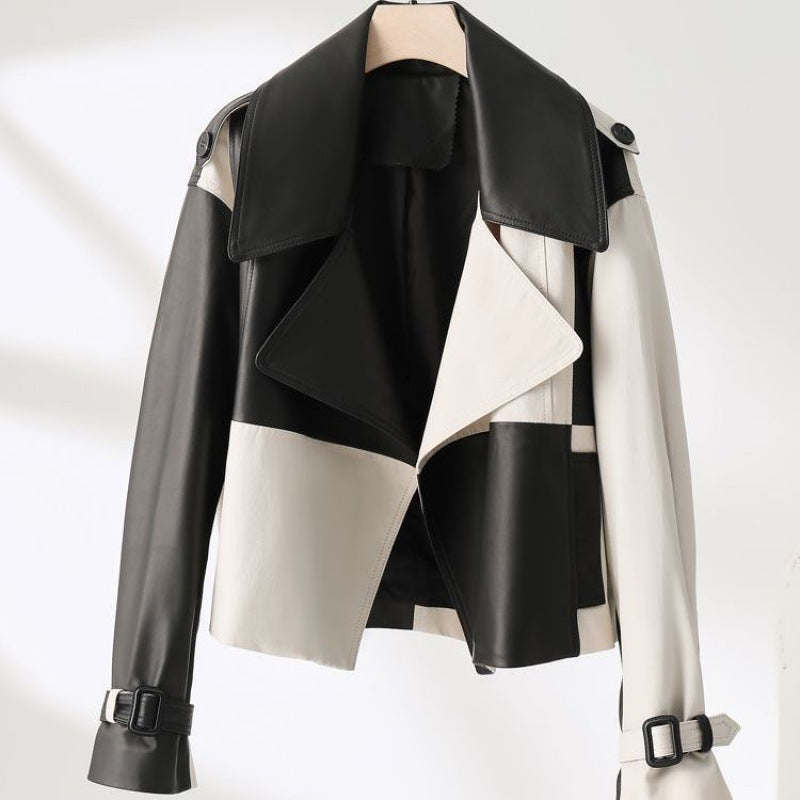 Soft PU Leather Jacket Splicing Coat Loose Western Style Jacket Black And White Stitching