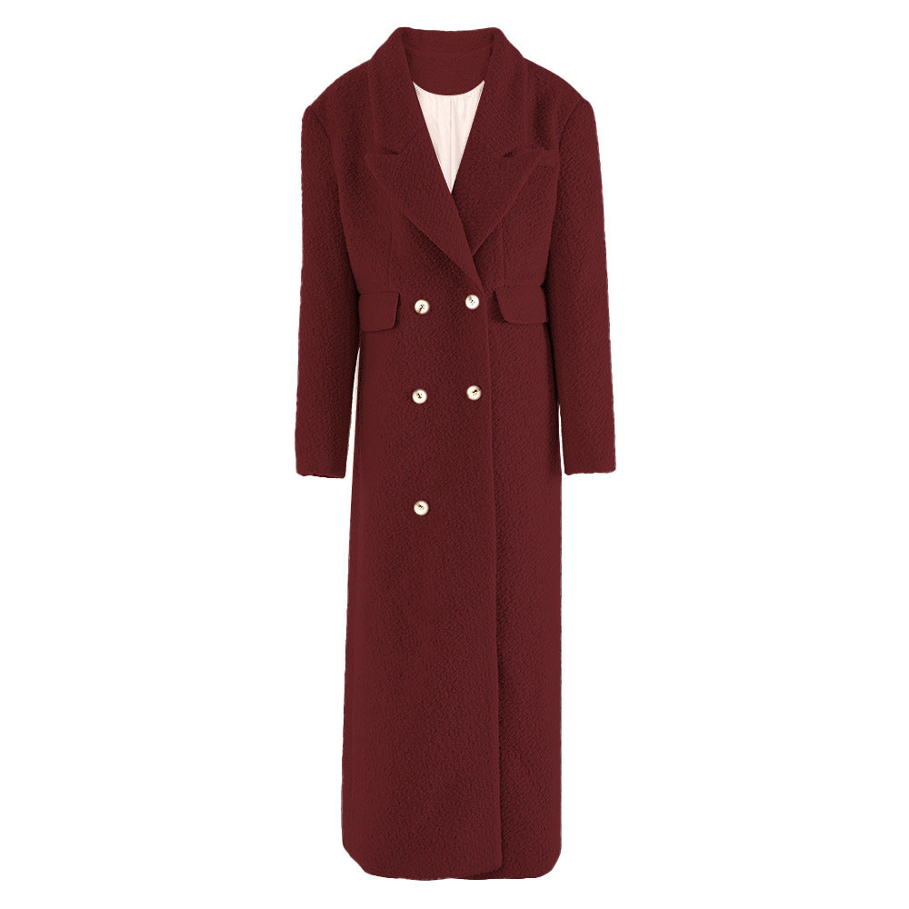 American Street Elegant High-grade Woolen Coat Double-breasted Waist-tight Design Lengthened Coat Angora Red