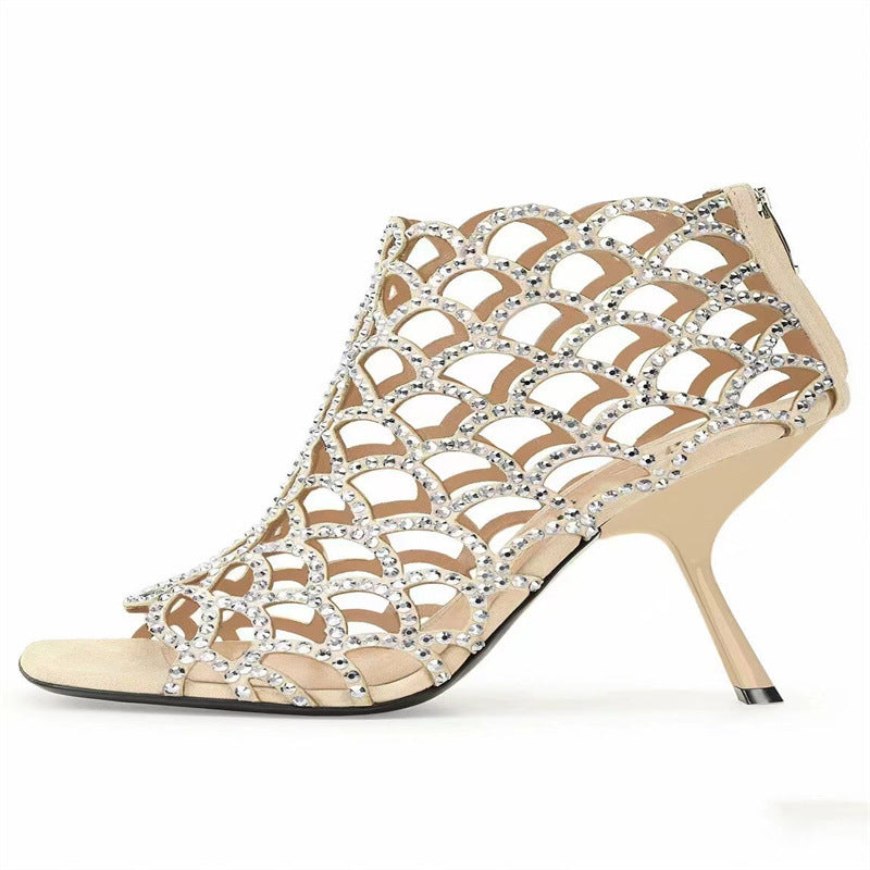 Women's Peep Toe Rhinestone Hollow High Heels Apricot