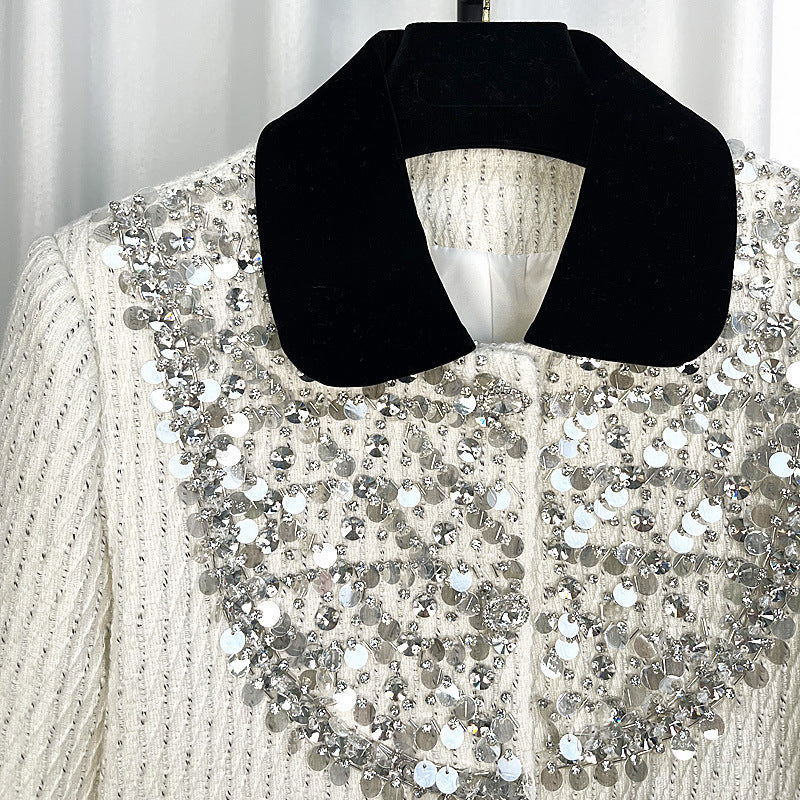 Women's White Exquisite Rhinestone Short Chanel Coat