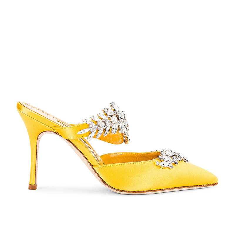 French Pointed Stiletto Rhinestone Semi-slip Heels Yellow