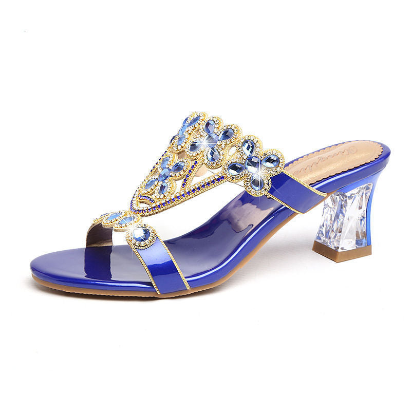 High-heeled Rhinestone Sandals Fashion Block-heeled Diamond Flower Sandals Blue Heel height 5.5cm