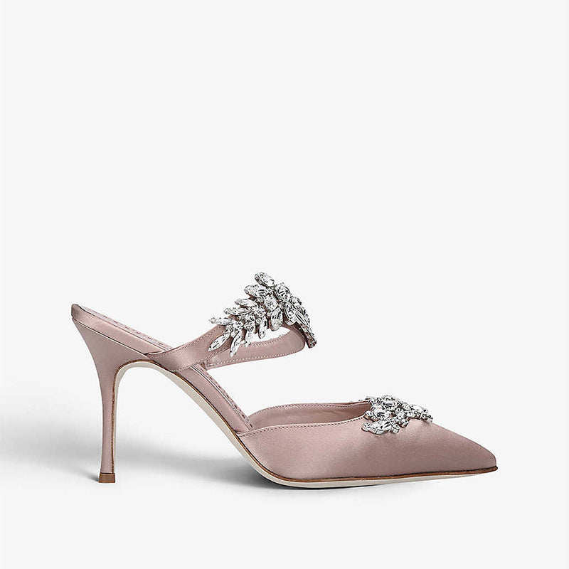 French Pointed Stiletto Rhinestone Semi-slip Heels Champagne