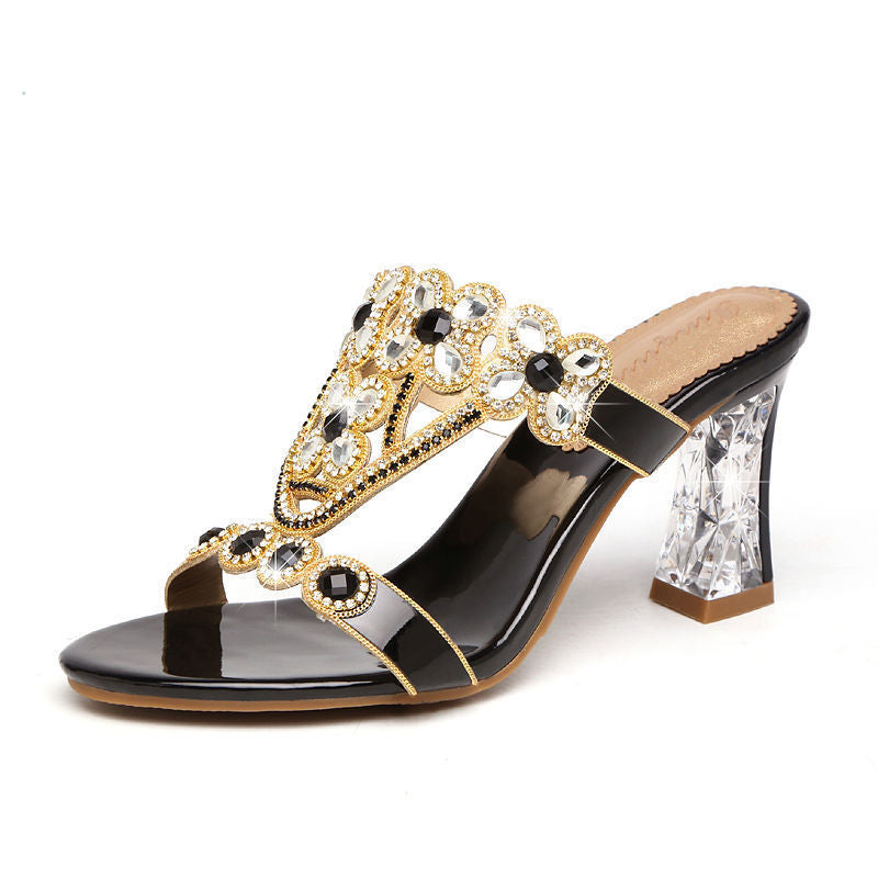 High-heeled Rhinestone Sandals Fashion Block-heeled Diamond Flower Sandals Black Heel height 8cm