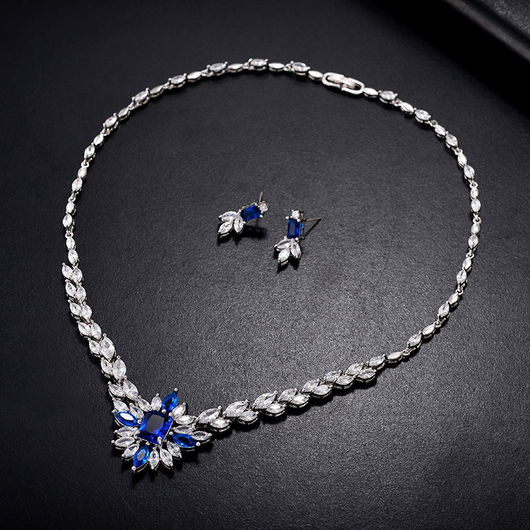 Colorful Zircon Set Personalized Flower Necklace Wedding Dress Jewelry Blue